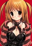  amane_misa bangs belt blonde_hair bow bowtie breasts brown_eyes choker cleavage cross cross_necklace death_note head_tilt jewelry latex long_sleeves medium_breasts miyasu_risa necklace pendant shiny shiny_clothes shirt_lift skin_tight smile solo sweater two_side_up upper_body 