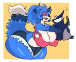  2019 anthro avian big_breasts bird blue_fur blue_tail booty_shorts breasts canid canine clothed clothing crop_top duo eye_patch eyewear female fox fur hair hi_res holding_character jewelry lazuli_(doggod.va) mammal multicolored_eyes multicolored_fur multicolored_tail necklace nipple_bulge nondelismell pen penguin shirt smile tabuley_(character) thick_thighs two_tone_eyes white_fur white_tail 