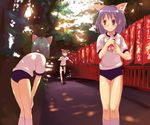  animal_ears bent_over bottle buruma cat_ears copyright_request dappled_sunlight gym_uniform hands_on_own_knees holding holding_bottle matsuzaki_yutaka multiple_girls running sunlight tree 