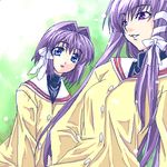  :d blazer blue_eyes buttons clannad fujibayashi_kyou fujibayashi_ryou hair_ribbon hikarizaka_private_high_school_uniform ichino jacket long_sleeves looking_at_viewer lowres multiple_girls oekaki open_mouth purple_eyes purple_hair ribbon school_uniform shirt siblings sisters smile twins upper_body yellow_shirt 