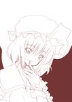  face finger_to_mouth hat monochrome nakamura_kusata remilia_scarlet short_hair solo touhou wings wrist_cuffs 