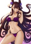  1girl bangs bare_shoulders bra breasts brown_hair cleavage collarbone fate/grand_order fate_(series) finger_to_mouth hair_between_eyes hair_ornament hand_on_thigh highres hips lace lace-trimmed_bra lace-trimmed_panties large_breasts long_hair looking_at_viewer mashu_003 murasaki_shikibu_(fate) navel panties purple_bra purple_eyes purple_panties thighs underwear very_long_hair 