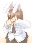  animal_ears ascot brown_hair bunny_ears closed_eyes copyright_request crying dress_shirt jirou_(chekoro) long_sleeves open_mouth shirt simple_background skirt sleeves_past_wrists solo tears white_shirt wiping_tears 