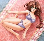  artist_request bra brown_hair copyright_request game_cg glasses green_eyes lingerie long_hair low-tied_long_hair lowres lying panties rug solo underwear underwear_only 