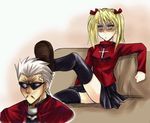  1girl archer archer_(cosplay) artist_request black_legwear blonde_hair cosplay dark_skin dark_skinned_male fate/stay_night fate_(series) harima_kenji long_sleeves lowres parody sawachika_eri school_rumble thighhighs toosaka_rin toosaka_rin_(cosplay) turtleneck 