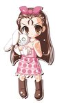  boots brown_eyes brown_footwear brown_hair chibi full_body idolmaster idolmaster_(classic) idolmaster_1 kekyo long_hair minase_iori simple_background skirt solo stuffed_animal stuffed_bunny stuffed_toy 