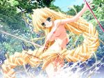  absurdly_long_hair action areolae blonde_hair breasts forest game_cg hair_ornament hairclip holding holding_sword holding_weapon large_breasts long_hair low-tied_long_hair nature nipples nude oono_tetsuya outdoors outstretched_arm priecia prism_ark rapier scabbard sheath solo splashing sword tree very_long_hair water weapon 