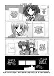  3girls comic doujinshi fate_testarossa greyscale hard_translated long_sleeves lyrical_nanoha mahou_shoujo_lyrical_nanoha mahou_shoujo_lyrical_nanoha_a's mikage_takashi monochrome multiple_girls school_uniform seishou_middle_school_uniform side_ponytail takamachi_nanoha translated yagami_hayate yuuno_scrya 