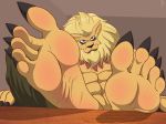  5_toes abs anthro barefoot biceps big_feet claws clothed clothing digimon digimon_(species) digital_media_(artwork) feet felid foot_focus humanoid_feet leomon male mammal mane muscular muscular_male pecs simple_background soles solo toes zp92 