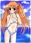  beach bikini blue_eyes breasts cleavage day kanon large_breasts orange_hair outdoors sawatari_makoto solo sugina_fujitaka swimsuit twintails 