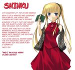  blonde_hair blue_eyes blush book character_profile flower frown hairband hard_translated long_hair nu_(plastic_eraser) rose rozen_maiden scarf shinku solo translated twintails 