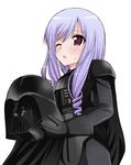  aria_(sister_princess) black_gloves cosplay darth_vader darth_vader_(cosplay) drill_hair duplicate gloves long_hair open_mouth parody pun purple_hair removing_helmet simple_background sister_princess solo star_wars sweatdrop translated white_background wince yatsune_rika 