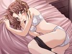  ass bed blush bra brown_eyes brown_hair game_cg hair_ribbon lingerie lying on_side panties ribbon short_hair skirt skirt_pull solo suisui_sweet tachibana_akari tokiwa_makoto underwear underwear_only undressing white_bra white_panties 