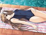 bow breasts brown_eyes brown_hair cleavage covered_navel drain_(object) hair_bow kimizuka_aoi long_hair lost_passage lying medium_breasts on_back one-piece_swimsuit parted_lips pool poolside school_swimsuit solo striped swimsuit towel very_long_hair water yamabuki_sayuki 