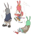  aktkt2 anthro bag book clothed clothing eyewear footwear fur glasses green_fur grey_fur headphones japanese_text lagomorph looking_at_viewer male mammal open_mouth portable_music_player rabbit red_fur roudov shocasky shoes text translation_request usavich zenirov 