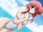  beach blue_eyes blush breasts casual_one-piece_swimsuit cleavage cloud crossed_arms day dutch_angle game_cg kantaka katsura_tomoe leaning_forward medium_breasts miko_miko_nurse ocean one-piece_swimsuit outdoors red_hair sky solo sudou_miki swimsuit water 