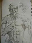  \m/ artist_request colonel_sanders glasses kfc korean lowres male_focus manly monochrome muscle old_man sketch solo string_tie translated what 