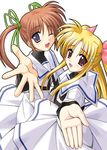  ;d blonde_hair blush brown_hair dress fate_testarossa hair_ornament hair_ribbon kitamiya_genbu long_sleeves looking_at_viewer lyrical_nanoha mahou_shoujo_lyrical_nanoha mahou_shoujo_lyrical_nanoha_a's multiple_girls one_eye_closed open_mouth outstretched_arm pov purple_eyes red_eyes ribbon sailor_collar school_uniform seishou_elementary_school_uniform simple_background smile sweatdrop takamachi_nanoha twintails white_background white_dress 