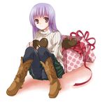  box_of_chocolates brown_eyes chocolate chocolate_heart heart kubyou_azami long_hair long_sleeves lowres original panties panties_under_pantyhose pantyhose purple_hair solo thighband_pantyhose underwear valentine 