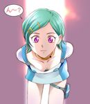  arms_behind_back bent_over breasts collarbone copyright_name cowboy_shot downblouse duplicate eureka eureka_seven eureka_seven_(series) green_hair hair_ornament hairclip kikumaru_bunta looking_at_viewer medium_breasts purple_eyes short_hair solo thigh_strap 