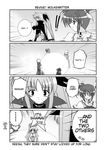  5girls animal_ears bardiche belt bow braid cape comic doujinshi fate_testarossa gauntlets greyscale hard_translated hat jacket lyrical_nanoha magic_circle magical_boy magical_girl mahou_shoujo_lyrical_nanoha mahou_shoujo_lyrical_nanoha_a's mikage_takashi monochrome multiple_girls open_clothes open_jacket ponytail shamal signum takamachi_nanoha translated twin_braids twintails vita waist_cape wolf_ears zafira 