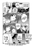  anger_vein cape comic doujinshi facial_mark fate_testarossa fingerless_gloves gloves greyscale hard_translated jacket lyrical_nanoha magical_girl mahou_shoujo_lyrical_nanoha mahou_shoujo_lyrical_nanoha_a's mikage_takashi monochrome multiple_girls open_clothes open_jacket reinforce takamachi_nanoha translated twintails winged_hair_ornament wings 