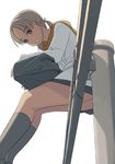  bag blonde_hair copyright_request from_below kiriman_(souldeep) long_sleeves looking_at_viewer looking_down low_twintails pleated_skirt railing school_uniform sitting sitting_on_railing skirt socks solo twintails upskirt 