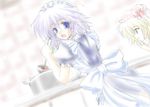  artist_request blue_eyes braid cooking dutch_angle flandre_scarlet izayoi_sakuya looking_back maid maid_headdress multiple_girls pale_color pot short_hair smile touhou twin_braids white_hair 