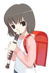  backpack bag bangs behind_back black_eyes eyebrows_visible_through_hair holding instrument long_sleeves looking_at_viewer music natori_(natorism) original playing_instrument randoseru recorder simple_background solo tareme upper_body white_background 