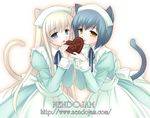  animal_ears blonde_hair blue_eyes blue_hair cat_ears cat_tail chocolate chocolate_heart copyright_request heart long_hair long_sleeves lugosi_ela maid multiple_girls shared_food short_hair tail valentine watermark web_address white_background yellow_eyes 