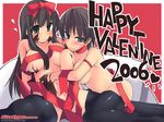  2girls asymmetrical_docking breast_press breasts chocolate frame galge.com happy_valentine jpeg_artifacts large_breasts looking_at_viewer multiple_girls naked_ribbon no_nose nude polka_dot polka_dot_background ribbon ryou straddling thighhighs valentine 