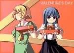  blonde_hair blue_hair blush closed_eyes furude_rika gift higurashi_no_naku_koro_ni holding holding_gift houjou_satoko looking_at_viewer multiple_girls red_background red_eyes short_sleeves sidelocks simple_background smile suspenders tsundere upper_body valentine yuuji 