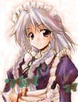  :d apron bangs bow braid hair_bow hirasaka_makoto izayoi_sakuya knife long_sleeves looking_at_viewer maid maid_headdress motion_blur open_mouth puffy_sleeves purple_eyes silver_hair simple_background sketch smile solo touhou twin_braids upper_body white_background 
