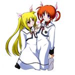  black_legwear blonde_hair blush brown_hair dress fate_testarossa long_sleeves lyrical_nanoha mahou_shoujo_lyrical_nanoha mahou_shoujo_lyrical_nanoha_a's multiple_girls pantyhose purple_eyes red_eyes sakura_yuu school_uniform seishou_elementary_school_uniform socks takamachi_nanoha twintails white_dress white_legwear 