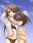  arm_holding bikini blue_eyes brown_eyes brown_hair day kida_emiri long_sleeves luna_(reclaimed_land) multiple_girls one_eye_closed open_clothes open_shirt shirt short_hair sumadera_yukio swimsuit tenshi_no_inai_12-gatsu twintails 