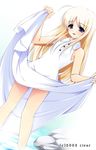  2003 bare_legs blonde_hair blue_eyes buttons dress dutch_angle legs long_hair natsunomori_towa ooji rock sidelocks skirt skirt_hold splashing standing tenohira_wo_taiyou_ni very_long_hair wading water watermark white_dress 