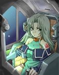  artist_request bangs bare_shoulders breasts chair cockpit collar crop_top dress frown gradient green_eyes green_hair hair_between_eyes halterneck jacket lamia_loveless large_breasts long_hair looking_at_viewer mecha monitor off_shoulder open_clothes open_jacket parted_bangs radar seatbelt side_slit sidelocks sitting sky solo star_(sky) starry_sky strap super_robot_wars tattoo window 