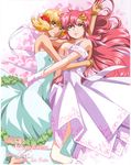  absurdres arm_up artist_request bare_shoulders blonde_hair bracelet cagalli_yula_athha character_name detached_sleeves dress fur_trim green_dress gundam gundam_seed highres hug jewelry lacus_clyne lips long_hair looking_at_viewer multiple_girls pink_dress red_hair red_scrunchie scrunchie short_hair smile standing two_side_up very_long_hair 