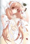  apron bed brown_eyes brown_hair copyright_request dress food fruit highres itou_noiji long_hair maid non-web_source solo strawberry twintails 