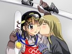  blonde_hair brown_hair copyright_request kiss medal multiple_girls olympic_rings olympics sanshita yuri 