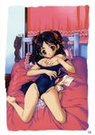  artist_request bed black_hair breasts cameltoe copyright_request highres nipples one-piece_swimsuit school_swimsuit small_breasts solo swimsuit swimsuit_pull 