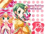  blonde_hair bow flower green_eyes green_hair hair_ornament happy_birthday_(artist) hina_ichigo kanaria long_sleeves multiple_girls pink_bow rose rozen_maiden 