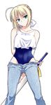  artist_request artoria_pendragon_(all) blonde_hair denim excalibur fate/stay_night fate_(series) jeans one-piece_swimsuit pants pants_pull saber solo swimsuit swimsuit_under_clothes sword weapon 
