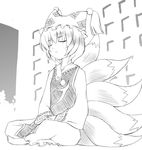  artist_request barefoot closed_eyes dress fox_tail greyscale hands_on_lap hat indian_style long_sleeves meditation monochrome multiple_tails pillow_hat short_hair sitting solo tabard tail tassel touhou white_dress yakumo_ran 