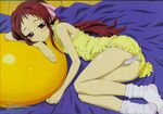  ball bed_sheet blush dress exercise_ball flat_chest frills hair_ribbon highres long_hair lying megami morioka_hideyuki non-web_source official_art on_floor on_side onda_aka panties pantyshot pantyshot_(lying) ponytail rec red_eyes red_hair ribbon scan short_dress skirt sleepy smile socks solo underwear white_panties yellow_skirt 