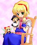  alice_margatroid blonde_hair blue_dress chair character_doll closed_mouth dress green_eyes hairband hand_puppet kirisame_marisa pink_background puppet shanghai_doll short_hair sitting solo tilm touhou 