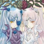  artist_request barasuishou dress eyepatch flower flower_eyepatch hair_ornament kirakishou long_hair looking_at_viewer mirror_twins multiple_girls rose rozen_maiden silver_hair symmetrical_hand_pose twintails very_long_hair yellow_eyes 