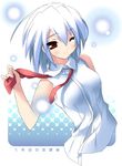  ;) arm_behind_back blush holding_tie kantoku kotonomiya_yuki necktie one_eye_closed red_eyes red_neckwear shirt sleeveless sleeveless_shirt smile solo suigetsu undone_necktie untied upper_body white_hair white_shirt 