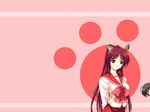  ahoge animal_ears artist_request black_hair blush brown_eyes cat_ears kousaka_tamaki long_hair long_sleeves multiple_girls parted_lips paw_print peeking_out pink_background pleated_skirt red_hair school_uniform serafuku shirt skirt to_heart_2 wallpaper yuzuhara_konomi 