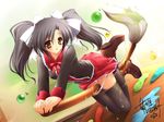  art_brush artist_request black_hair broom broom_riding canvas_(object) canvas_sepia_iro_no_motif long_sleeves paintbrush solo thighhighs twintails 